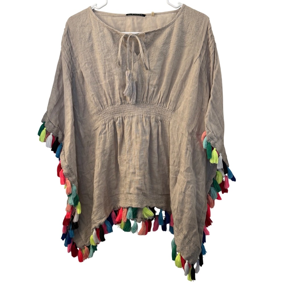 Elie Tahari Linen‎ Tassel Poncho Top Beige Smocked Waist XS Vacation Boho Resort